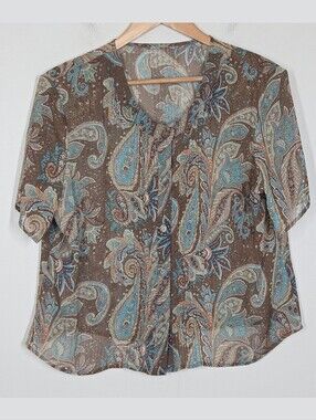 Vtg 90s Y2K Brown Blue Sheer Paisley Button Up Shirt Fairy Grunge Boho Indie